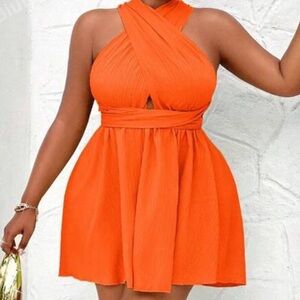 Plus Size Crisscross Tie Backless Flare Hem Short Dress